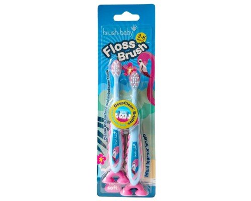 Brush-Baby зубна щітка FlossBrush (3-6 років) Фламінго на ніжці-липучці (подвійна упаковка)