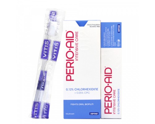 PERIO-AID 0.12% комплект: ополаскиватель 500 мл, гель-паста 75 мл, щетка Vitis surgical campaing