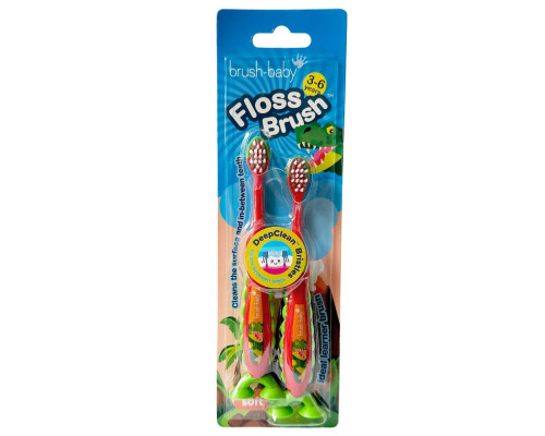 Brush-Baby зубна щітка FlossBrush (3-6 років) Динозавр, на ніжці-липучці (подвійна упаковка) Brush-Baby зубна щітка FlossBrush (3-6 років) Динозавр, на ніжці-липучці (подвійна упаковка)